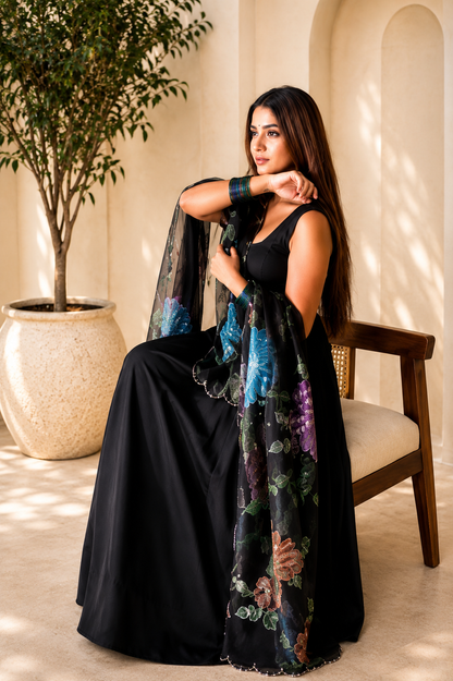 Premium Black Natural Crepe Anarkali Suit Set With Colorful Floral Dupatta
