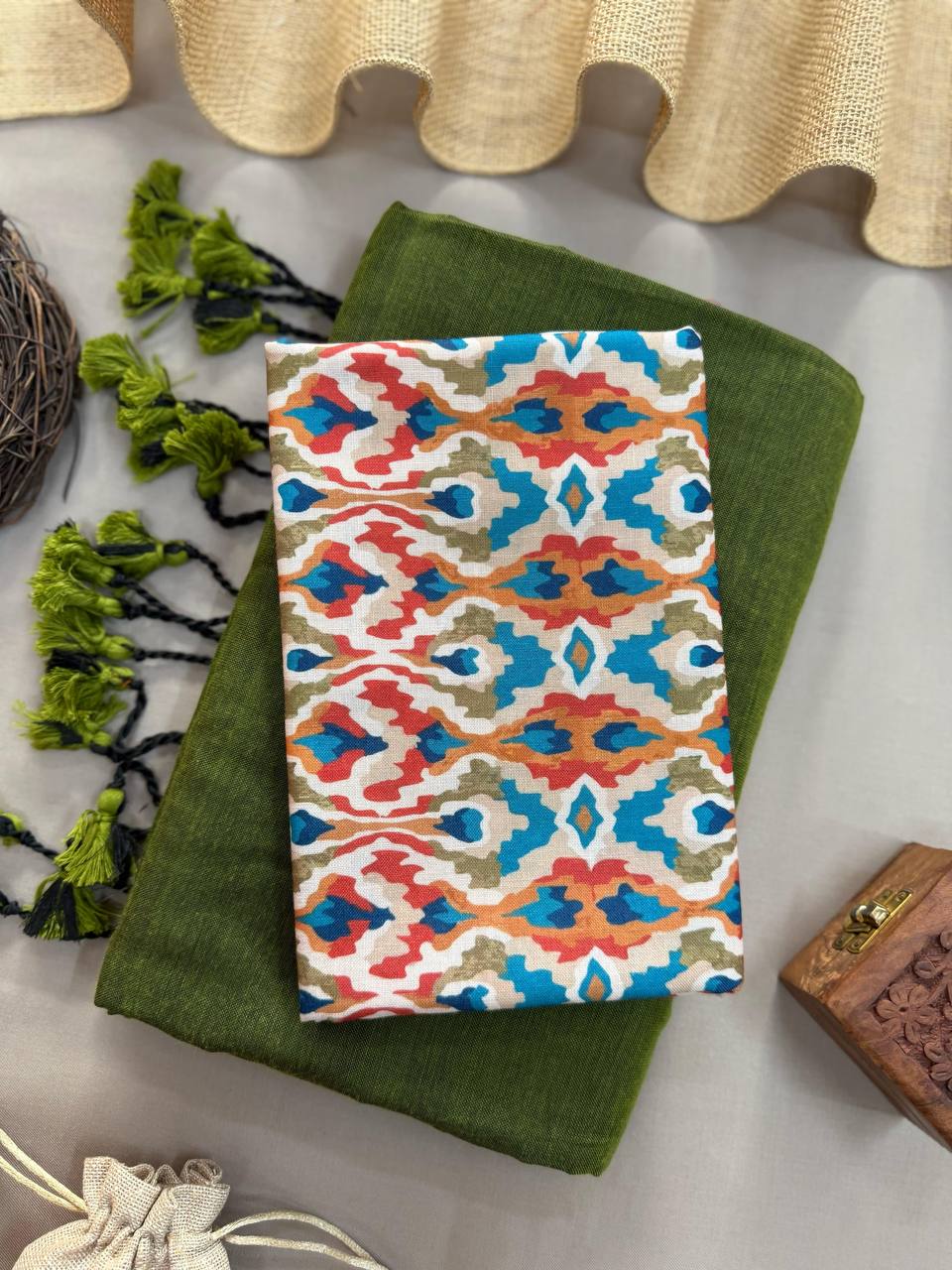 Pure Mehandi Handloom Cotton Saree With Green Tassels & Ikkat Printed Blouse