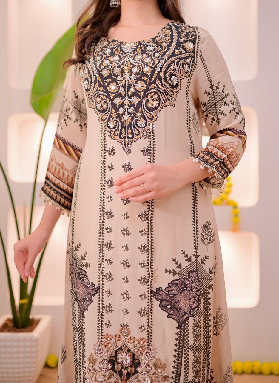 Dazzling Beige & Black Printed Pure Muslin Suit Set with Real Mirror Work