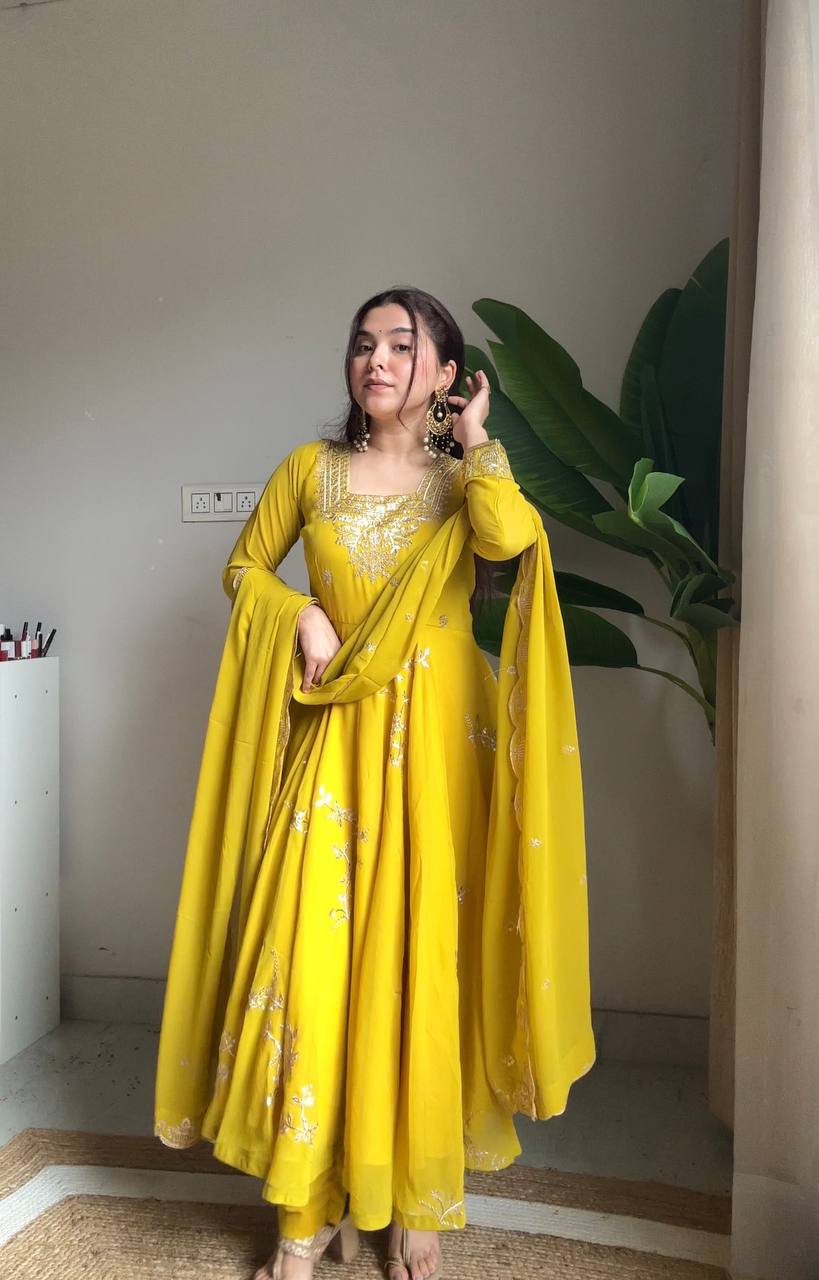 Designer Yellow Fox Georgette Anarkali Suit Set