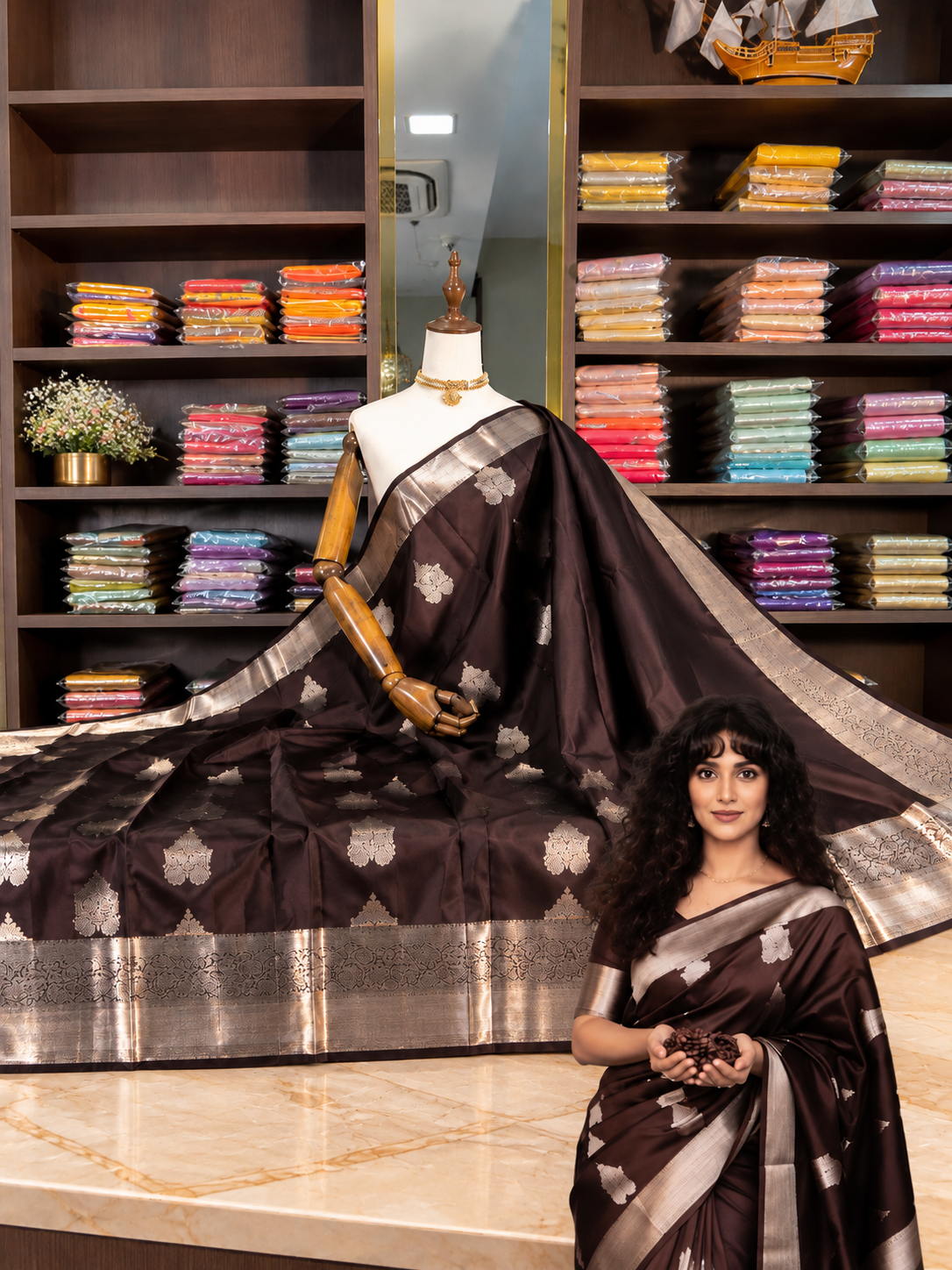 Very Beautiful Brown Soft Banarasi Silk Saree with Elegant Blouse Piece