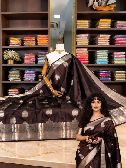 Very Beautiful Brown Soft Banarasi Silk Saree with Elegant Blouse Piece