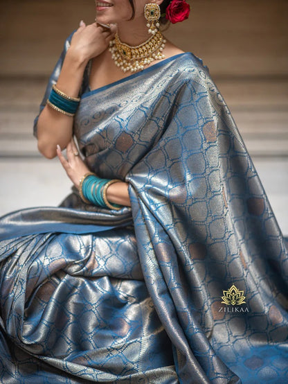 Trendy Blue Soft Silk Saree With Admirable Blouse Piece