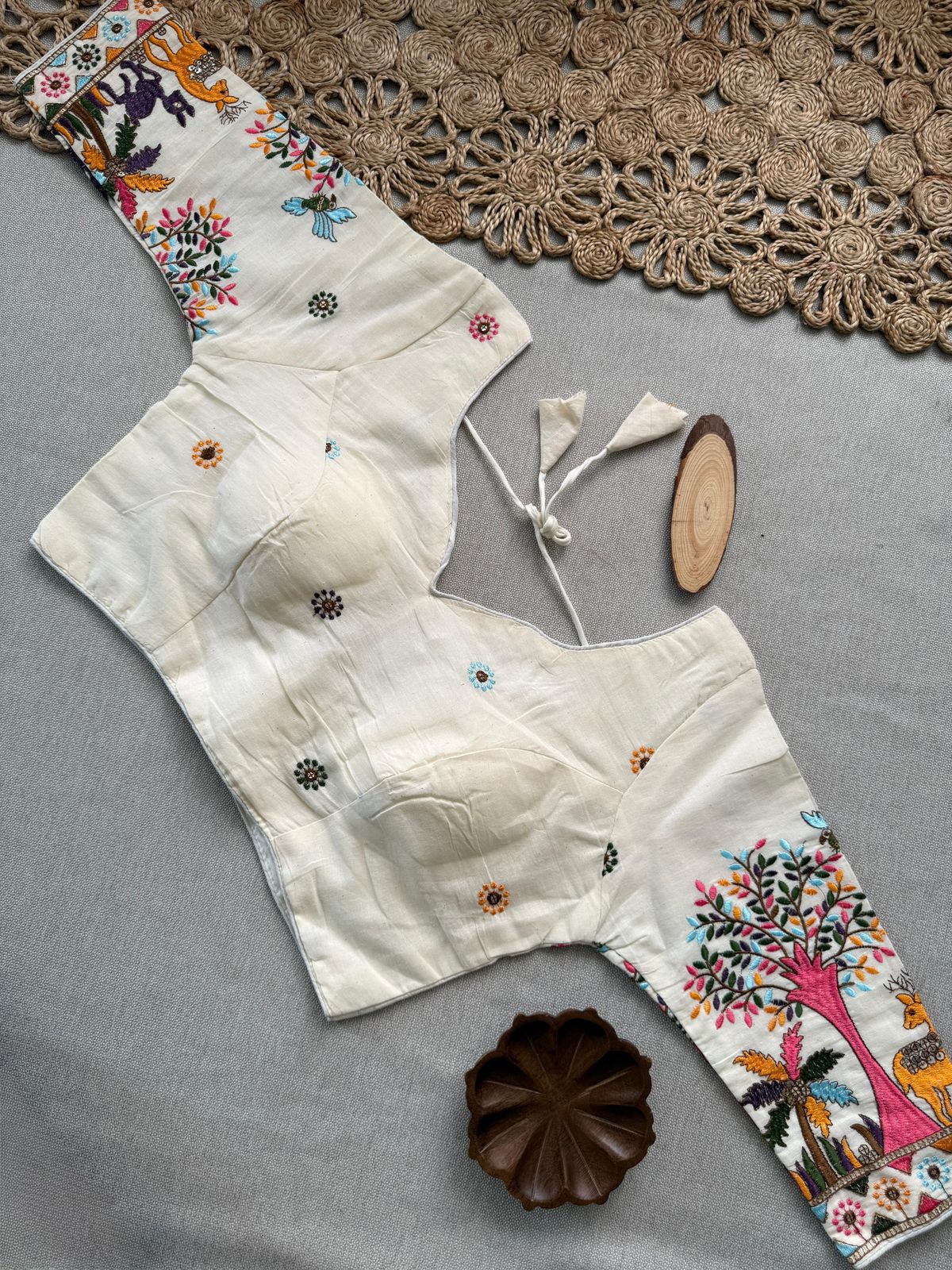 Dharma Exclusive - Sky Handloom Cotton Saree With Havy Embroidery Stitched Blouse