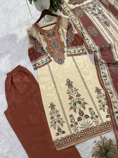 Very Attractive Beige and Maroon Printed Chinon Suit Set With Mirror Work