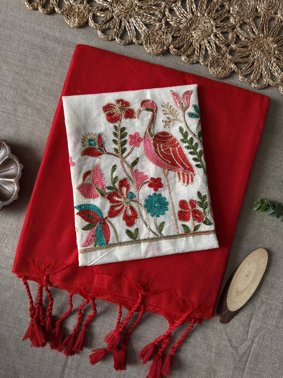 Red Handloom Cotton Saree With Havy Embroidery Blouse