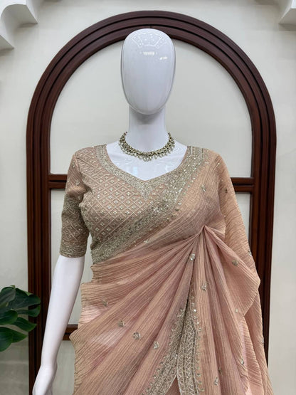 New Designer Rose Gold Tissue Salsa Crush Saree