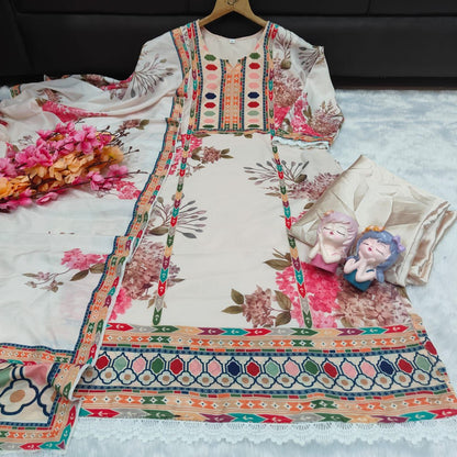 Very Attractive Floral Printed Muslin Suit Set with Sequin Embroidery Work