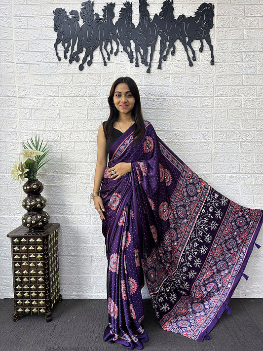 Premium Royal Purple Ajrakh Printed Japan Silk Saree