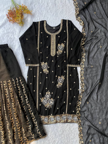 Premium Black Fox Georgette Sharara Suit with Sequins Embroidery Work
