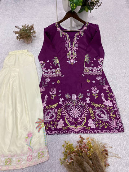 Very Attractive Magenta Floral Embroidered French Crepe Tunic Set