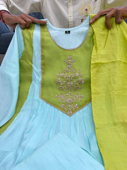 Designer Premium Lime Green & Pastel Blue Pure Mul Chanderi Embroidered Suit Set