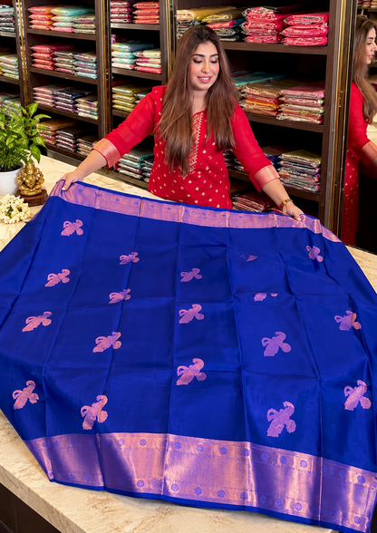 Royal Blue Soft Banarasi Silk Saree with Copper Zari Bird Motifs