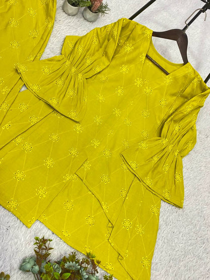 New Designer Lime Green Embroidered Cotton Co-ord Set