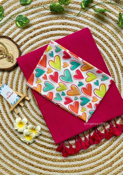 Beautiful Pink Handloom Cotton Saree With Heart Printed Blouse