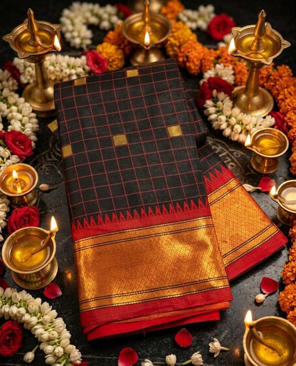 Exclusive Black & Red Chex Woven Cotton Silk Saree With Gold Zari Waving Work