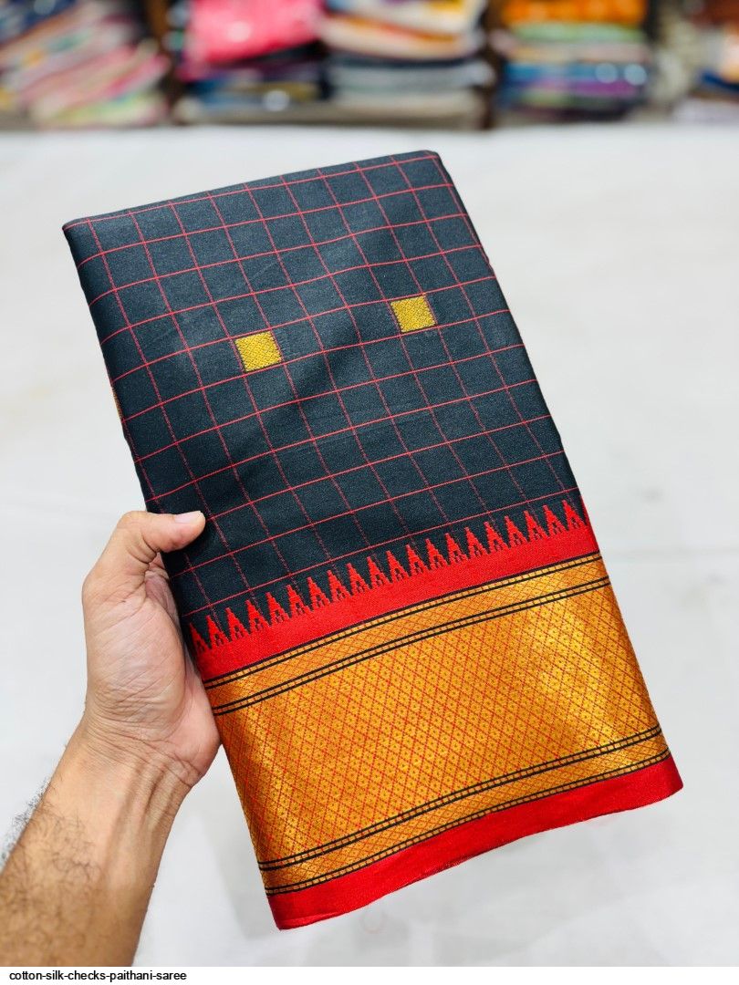 Exclusive Black & Red Chex Woven Cotton Silk Saree With Gold Zari Waving Work