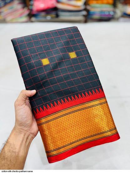 Exclusive Black & Red Chex Woven Cotton Silk Saree With Gold Zari Waving Work