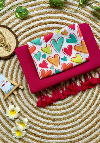 Beautiful Pink Handloom Cotton Saree With Heart Printed Blouse