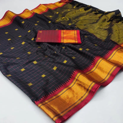 Exclusive Black & Red Chex Woven Cotton Silk Saree With Gold Zari Waving Work