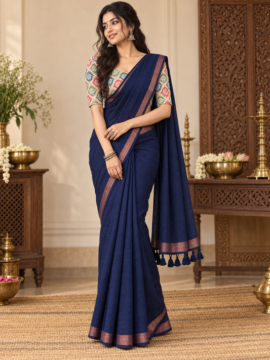 Tradition Royal Navy Blue Handloom Cotton Saree