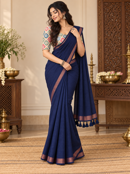 Tradition Royal Navy Blue Handloom Cotton Saree