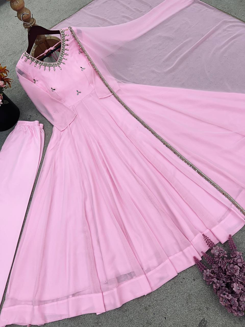 Blush Pink Faux Georgette Embroidered Anarkali Suit Set with Mirror Work Neckline