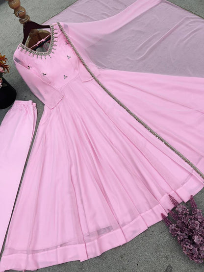 Blush Pink Faux Georgette Embroidered Anarkali Suit Set with Mirror Work Neckline