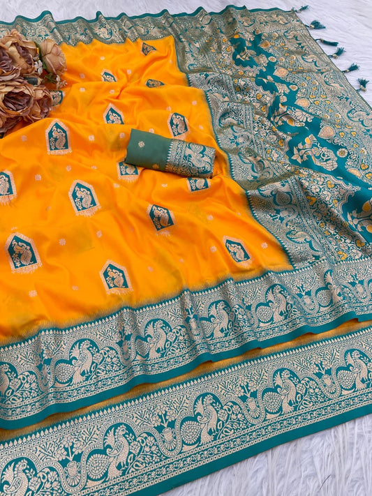 Designer Mustard Yellow Silk Saree with Teal Zari Work Pallu