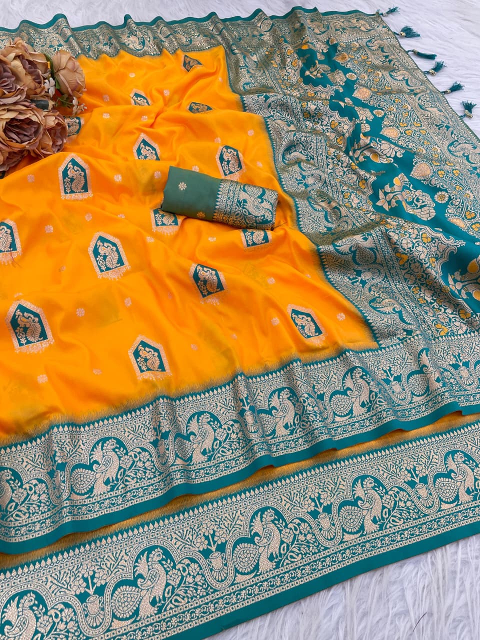 Designer Mustard Yellow Silk Saree with Teal Zari Work Pallu