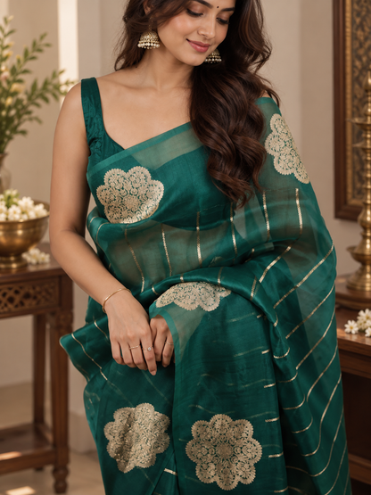Festive Green Linen Silk Saree With Gold Zari & Demanding Blouse Piece