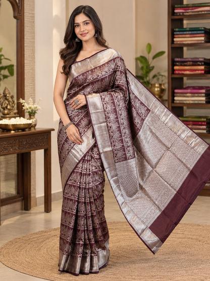 Festive Wine Soft Banarasi Silk Saree with Elegant Blouse Piece