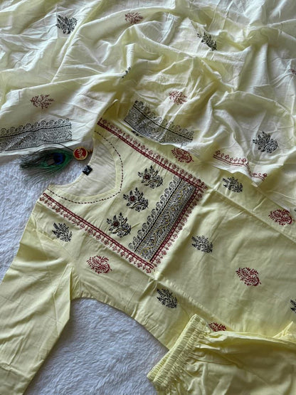 Ivory Cream Pure Cotton Hand Block Print Kurta Pant Set