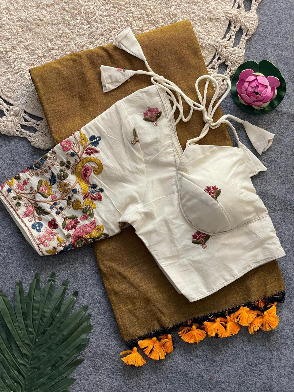 Dharma Exclusive - Mustered Handloom Cotton Saree With Havy Embroidery Stitched Blouse