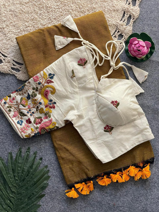 Dharma Exclusive - Mustered Handloom Cotton Saree With Havy Embroidery Stitched Blouse