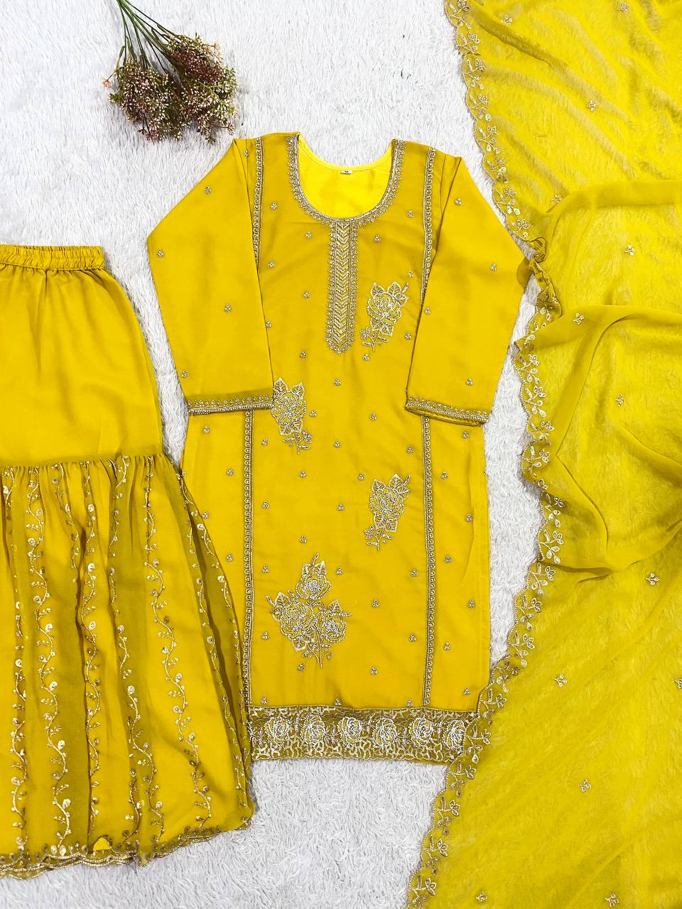 Designer Mustard Yellow Embroidered Fox Georgette Suit Set