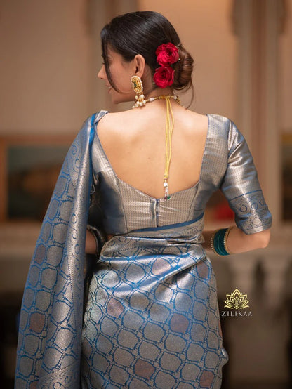 Trendy Blue Soft Silk Saree With Admirable Blouse Piece