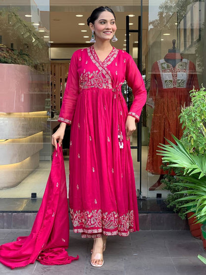 Premium Rani Pink Roman Silk Festive Angrakha Suit Set with Dupatta