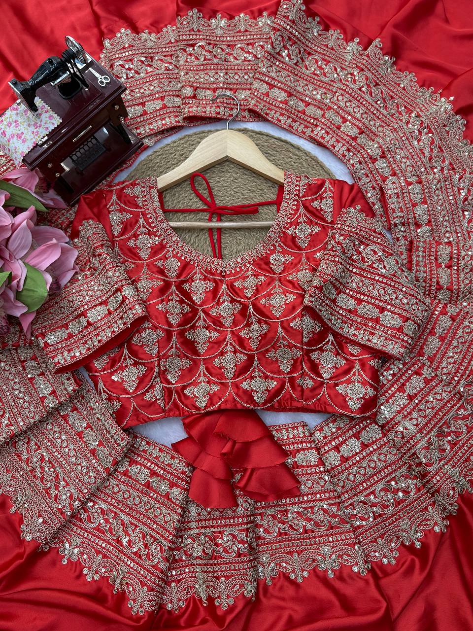 Premium Elegant Red Japan Satin Thread Work Saree