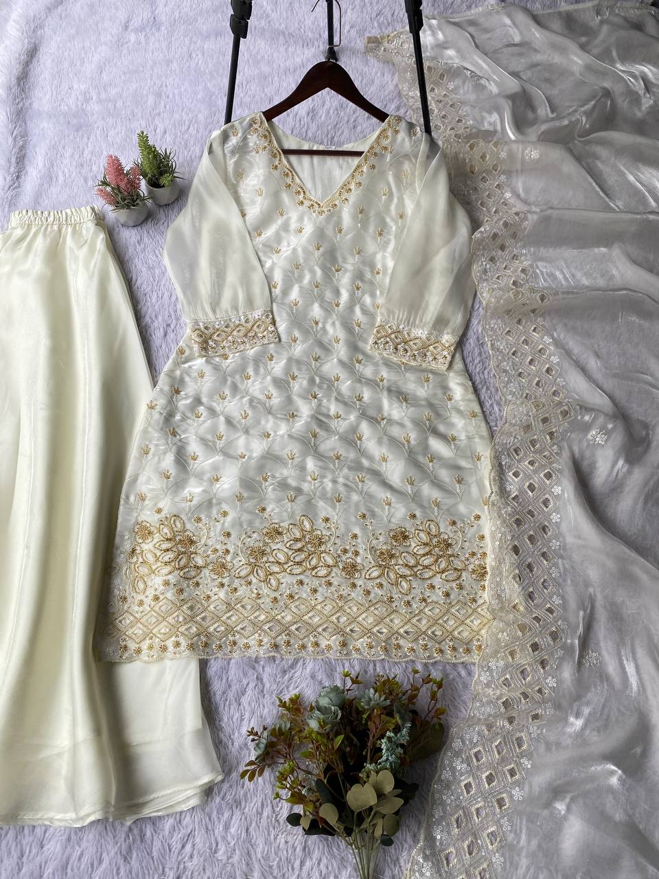 Elegant White Fendy Silk Sharara Suit Set with Sequence Embroidery Work