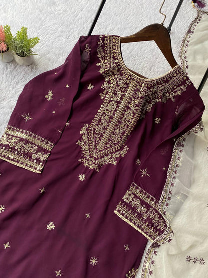 Elegant Royal Purple Faux Georgette Sequence Embroidery Salwar Suit Set