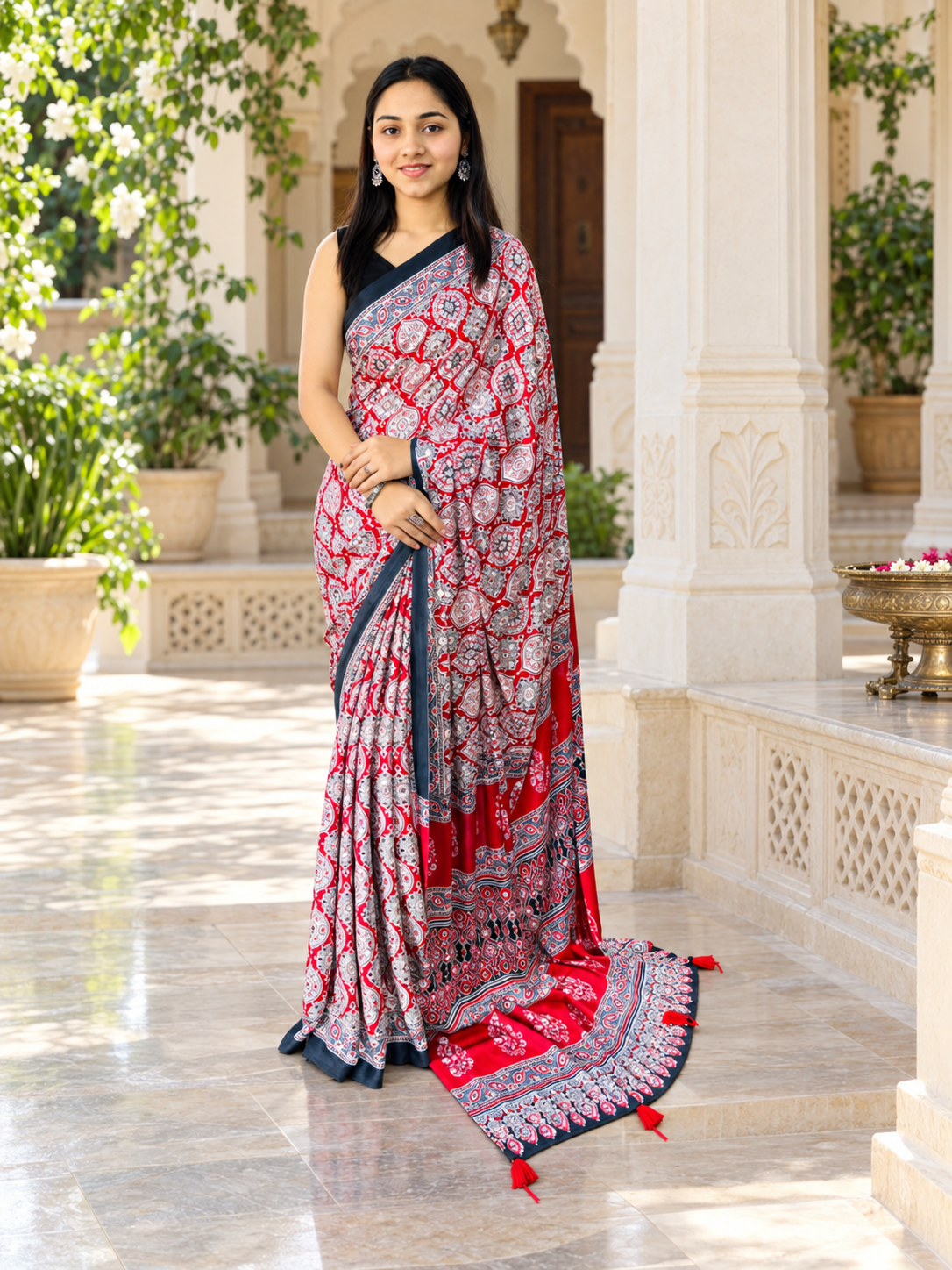 Charming Red Semi Gajji Silk Ajrakh Print Saree with Real Mirror Work