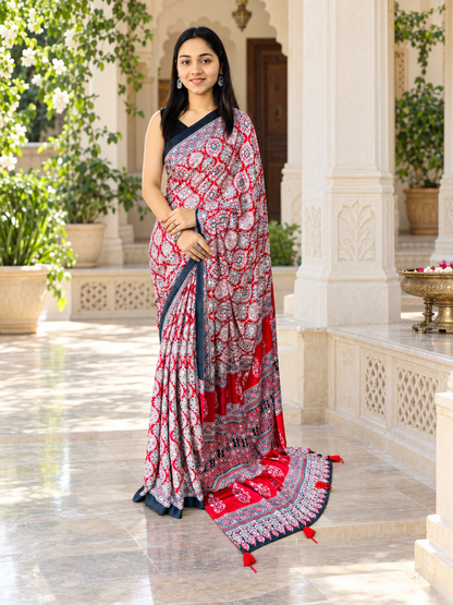 Charming Red Semi Gajji Silk Ajrakh Print Saree with Real Mirror Work