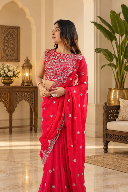 Trendy Festive style Dazzling Red Designer Chiffon Saree