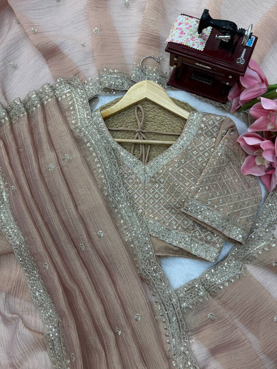 New Designer Rose Gold Tissue Salsa Crush Saree