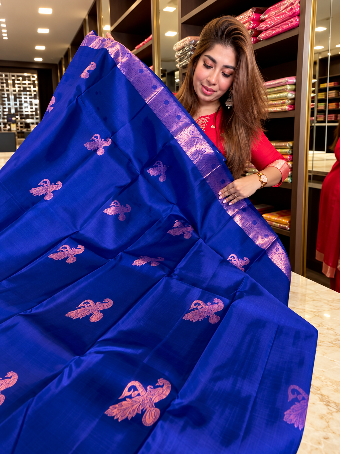Royal Blue Soft Banarasi Silk Saree with Copper Zari Bird Motifs
