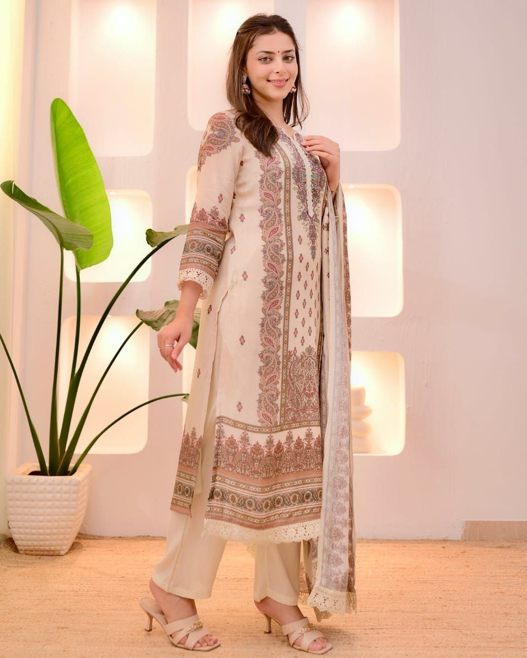 Elegant Cream Heavy Muslin Digital Printed Suit Set with Delicate Lace Work