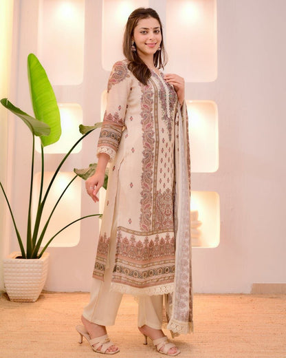 Elegant Cream Heavy Muslin Digital Printed Suit Set with Delicate Lace Work