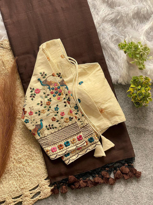Coffee Handloom Cotton Saree With Havy Embroidery Stitched Blouse