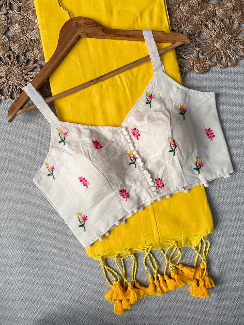 Dharma Exclusive - Yellow Handloom Cotton Saree With Havy Embroidery Stitched Blouse